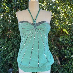 Bebe Seidenmischung Boho Pailletten Feengrün Neckholder Top Y2K Large - Bild 1 von 7