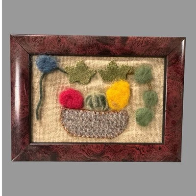 Primitive Antique Country Framed Basket of Fruit Floral Still Life Felt Folk Art - Image 1 of 2