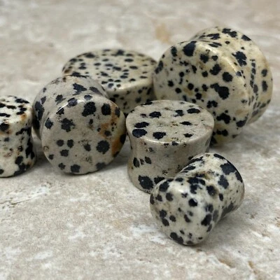 Par de medidores de tapones de doble llamarada de piedra de jaspe dálmata Foto 1 de 4