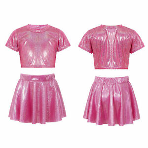 Kids Girls Metallic Set Short Sleeve Crop Top Pleated Skirts Set Jazz Dancewear