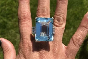 84.96TCW Huge Simulated Aquamarine & Sapphire Solitaire Party Wear Women's Ring - Picture 1 of 8