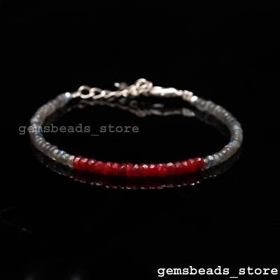 925 Sterling Silver Corundum Ruby+Labradorite Rondelle Beaded Bracelet 7" - Image 1 of 4