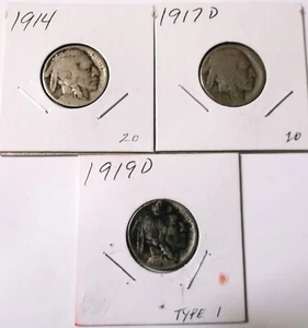 1914 D 1919 D Buffalos níquel lote de 3 monedas - Imagen 1 de 2