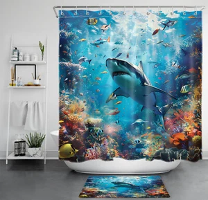 Set tenda doccia squalo blu sotto i mari animali oceanici per arredamento bagno - Foto 1 di 21