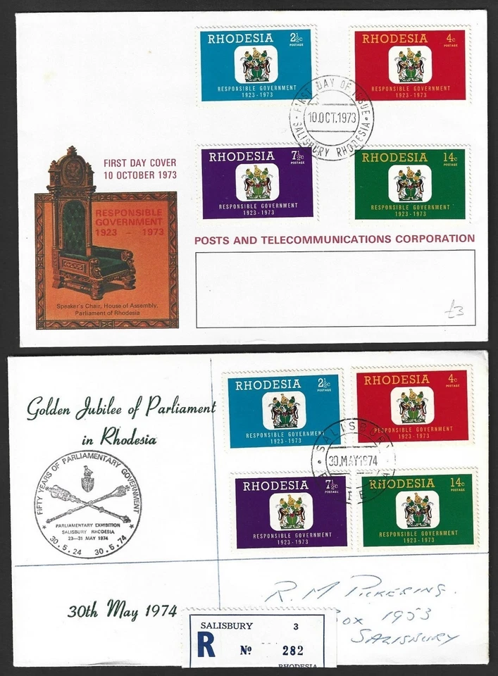 Rhodesia #324-27 1974 Golden Jubilee of Parliament 2 diff FDC First Day covers - Image 1 of 1