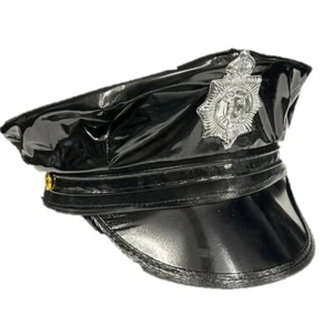 Leather Look Police Hat Halloween Fancy Dress Costume Cops Robbers Adult - Picture 1 of 2