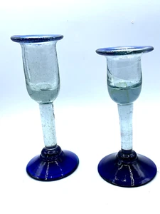 Hand Blown Glass Candle Holders Mexico Blue and Clear 7.5in / 6.75 in - Picture 1 of 3
