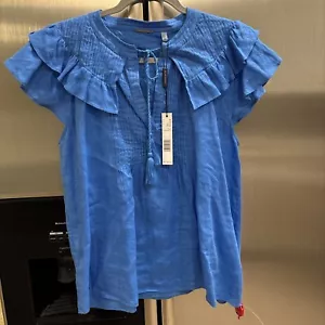 Blusa ELIE TAHARI Pintuck Cuello Volantes Borla Cuello Atado 100% LINO M $248 - Imagen 1 de 5