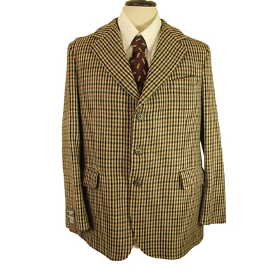 VESTE BRITANNIQUE VINTAGE JAMES PRINGLE ÉCOSSAISE 44" LONGUE À CARREAUX MARRON MÉLANGÉ TWEED *RARE* - Photo 1/4