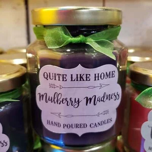 Mulberry scented 6.5 oz. jar candle with gold lid, and organza ribbon. - Picture 1 of 1