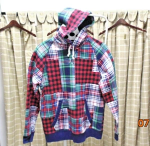 Lands End Serious Sweats Pullover Hoodie Plaid Patchwork Men Size S 34-36 - Picture 1 of 4