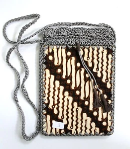 Batik Fabric Ethnic Print and Crochet Small Crossbody Bag #3 Handmade - Picture 1 of 3
