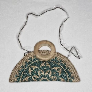 NEW Antik Kraft Clutch Jute & Wood Handle Bag Floral Print Summer Beach Vibes - Picture 1 of 9
