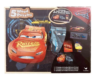 Paquete de 5 rompecabezas de madera de Disney Cars 3 en caja de almacenamiento Foto 1 de 2