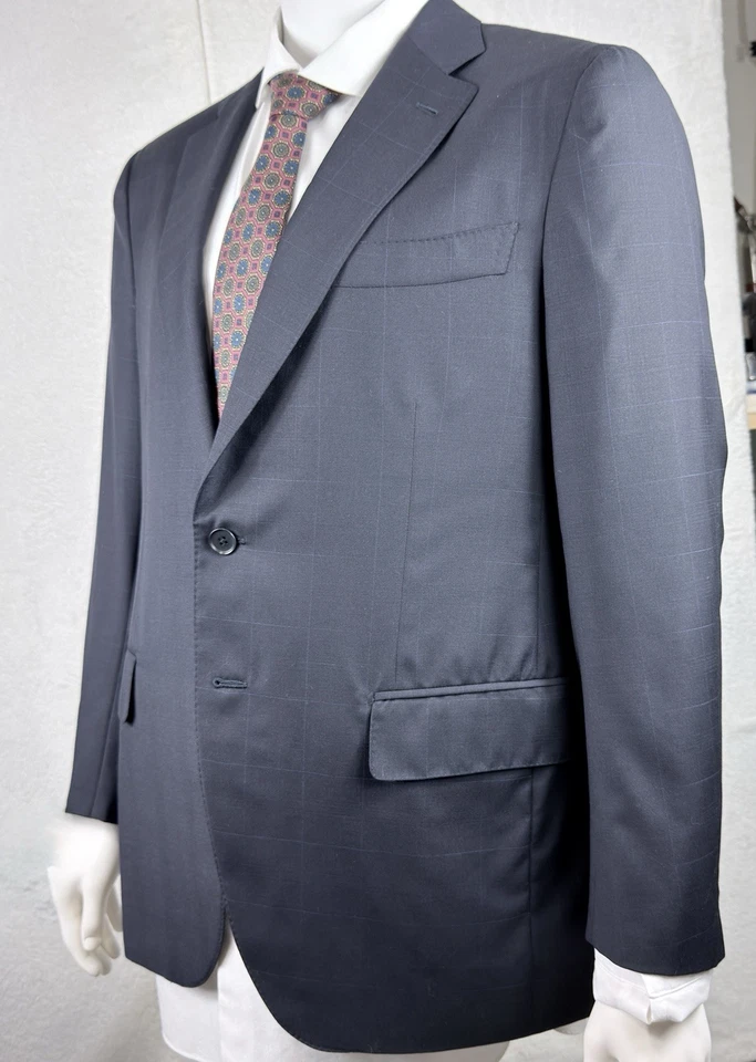 Isaia Dark Navy Indigo Windowpane Suit Jacket 130’s Wool 52IT 42US R EUC - Image 1 of 4