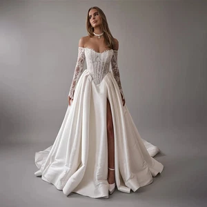 Vestido de novia falda satinada línea A de encaje para novia y manga 3/4 - Imagen 1 de 6