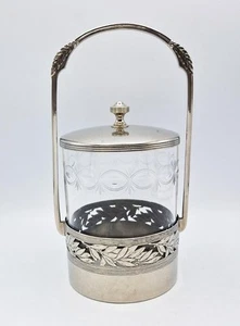 WMF DEUTSCHER JUGENDSTIL SILBERTELLER & GEÄTZTES GLAS KEKSFASS um 1910 - Bild 1 von 9