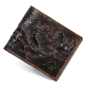 Cowhide Travel Purse Cow Genuine Leather Men's Wallet Dragon Brown Bifold Wallet - Picture 1 of 6