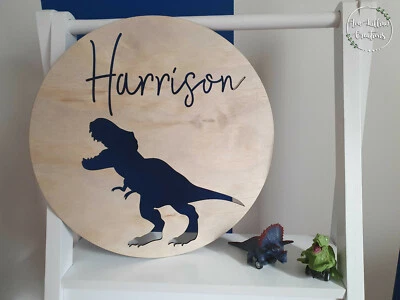 Personalised Wooden Name Wall Door Plaque round Sign nursery Baby kids dinosaur - image 1 of 4