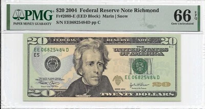 2004 $20 RICHMOND FRN. PMG GEM Uncirculated 66 EPQ Banknote. - Image 1 of 2