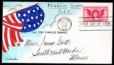 US 1948 HAND-DRAWN CACHET BY C. WINSTON SC. #962 FDC STAR-SPANGLED BANNER - Image 1 of 2