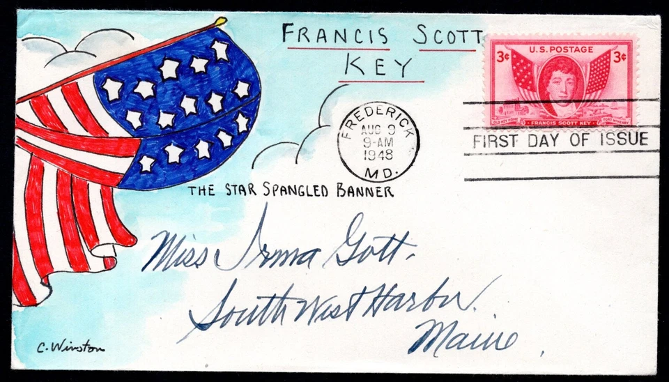 US 1948 HAND-DRAWN CACHET BY C. WINSTON SC. #962 FDC STAR-SPANGLED BANNER - Image 1 of 2