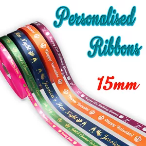 PERSONALISED RIBBON- 15mm FOIL PRINTED - Birthdays Anniversaries Gifts Weddings - Picture 1 of 29