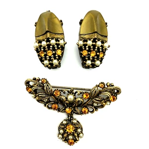 Star Orange Rhinestone Pearl Thermoset Brooch Earrings Set Vintage - Picture 1 of 20