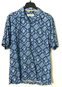 Tommy Bahama Camp-Hemd 100 % Seide Retro geometrisch blau Print Größe S/P - Bild 1 von 6
