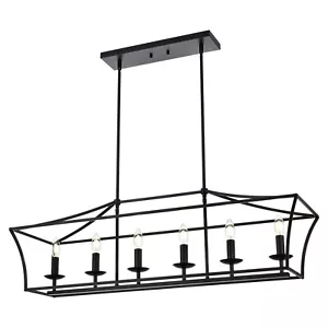 6-Light Farmhouse Linear Chandelier Black Rectangular Pendant Kitchen or Dining - Picture 1 of 7