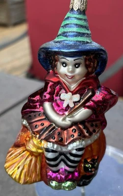 Vtg  Christopher RADKO Witch SIT A SPELL JOL Pumpkin Halloween Glass Ornament 5” - Image 1 of 4