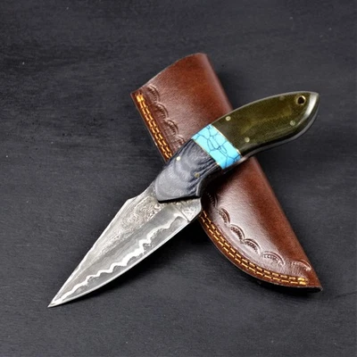 Cuchillo de supervivencia de caza Full Tang de acero Damasco hoja fija hecho a mano San Mai Foto 1 de 4