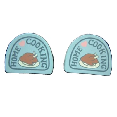 HOME COOKING BUTTON EARRINGS Cook Chef Fun Food Charm Painted Wood Funky Jewelry - Image 1 of 2