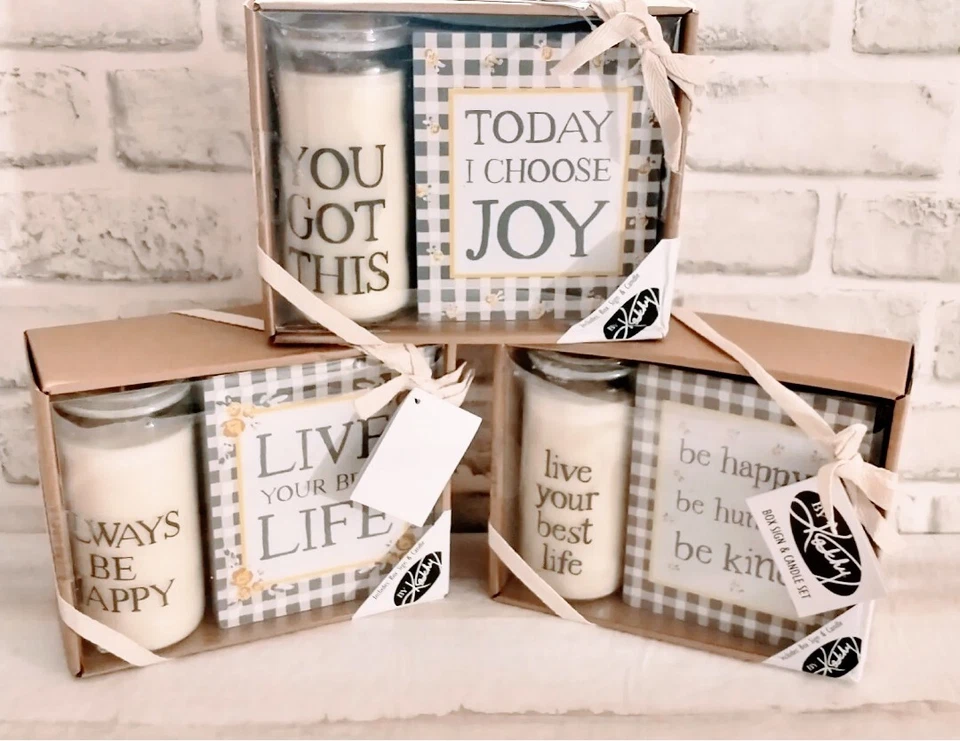 Motivational Candle & Box Sign Gift Set Lot of 3 Primitives by Kathy NEW - Image 1 of 4