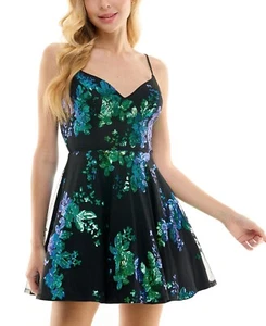 City Studios V-Neck Sequined Fit & Flare Dress in Black/Turquoise Size 9/10 NWT - Picture 1 of 4