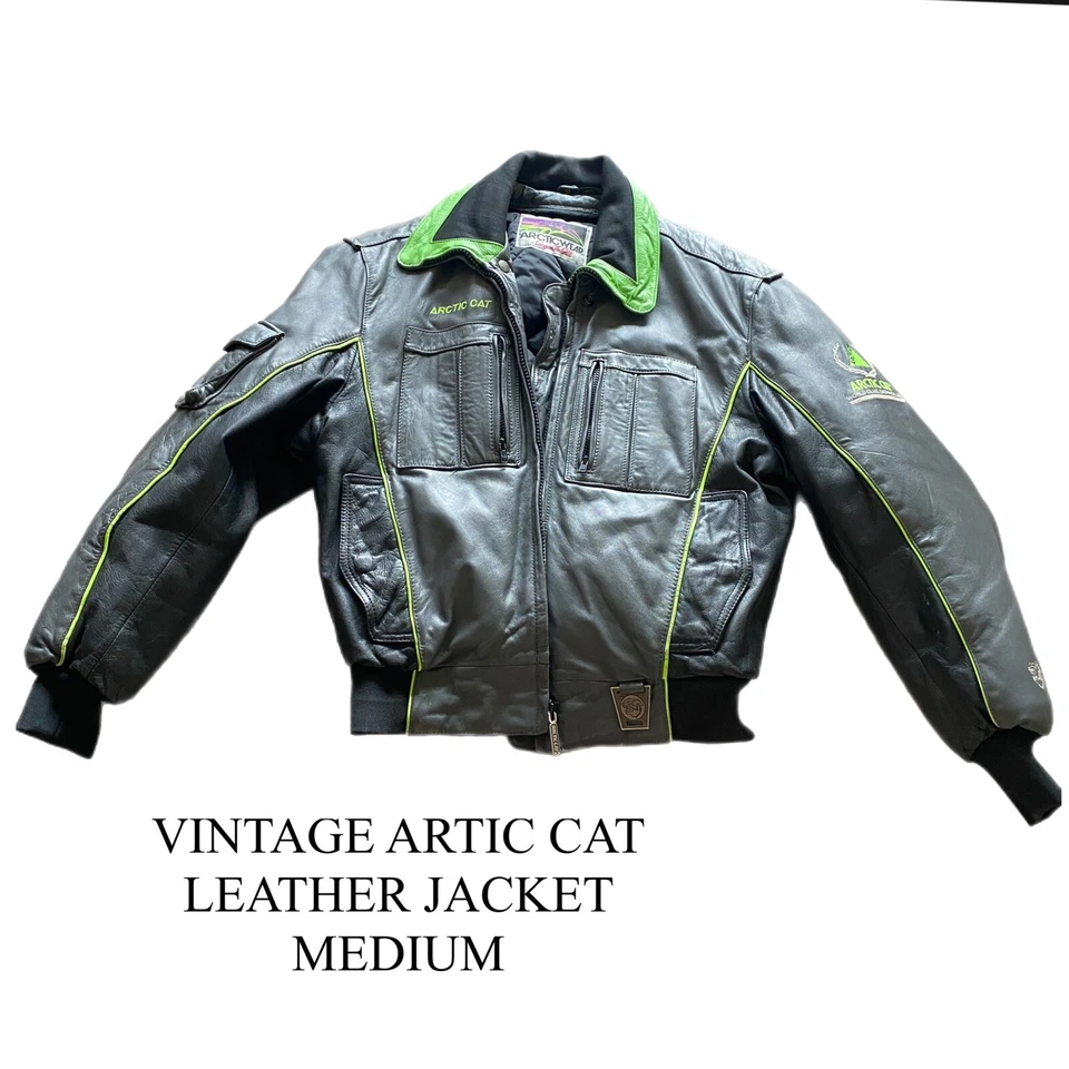 VINTAGE Arcticwear Arctic Cat Leather Snowmobile Racing Jacket Zip out liner MED — 第 1/4 张图片
