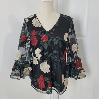 Beige by ECI Top Womens Small Black Floral Embroidered Sheer Sleeves Boho Fairy - Image 1 of 4