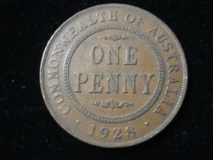 Australian 1928 Penny Broken 8 Variety Coin 6 Pearls Diamond VF Very Fine (SA06) - Picture 1 of 3