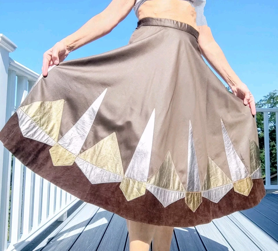 🎁Falda Acampanada Midi Cuero Genuino Gamuza Aplicación Geométrica Algodón Talla M Marrón  Foto 1 de 4