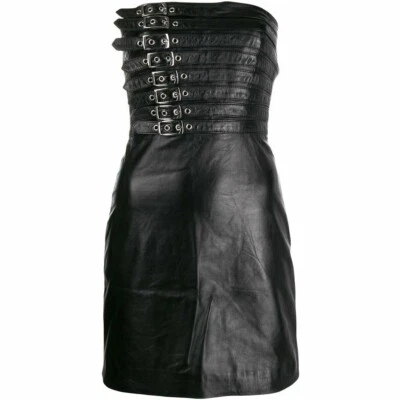 Womens Black Leather Dress Gown Coat Sleeve Less Top Club Jacket Zipper Dress - Image 1 of 4