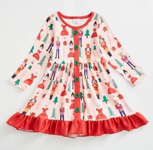 NEW Boutique Christmas Nutcracker Girls Pink Long Sleeve Ruffle Dress - Picture 1 of 6