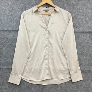 H&M Blouse Shirt Womens M Medium Beige Satin Long Sleeve Collar V-Neck 39825 - Picture 1 of 10