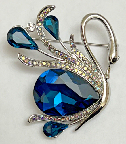 Aqua Blue Swan Goose Bird Crystal Clear Glass Rhinestone Brooch Pin Vintage Ab