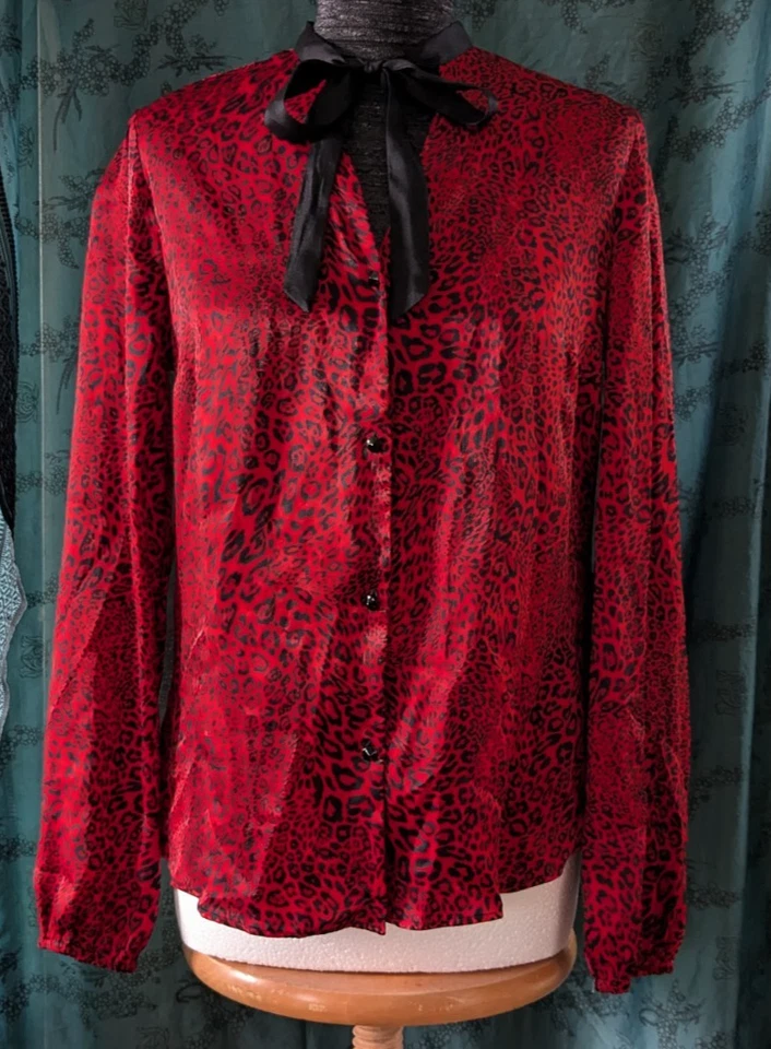 Sisley Leopard Print Faux silk Satin Black/Red Shirt Pussycat Bow Small 8/10 UK — 第 1/4 张图片