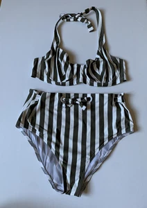 ERES high waist bikini 14 42 VGC stripy khaki green white print classic modern - Picture 1 of 14