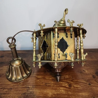 Antique 1920's Moorish Oriental Hanging Light Bronze/Brass Red/Green Glass Panel - Image 1 of 4