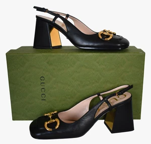 GUCCI Gold HORSEBIT Black Leather Mid-Heel Slingback Pumps Heels EU-36.5 US-6.5 - Picture 1 of 20