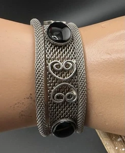 Vintage Celebrity NY silberfarbenes schwarzes Cabochon Mesh Armband - Bild 1 von 15