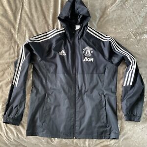 Adidas Manchester United (AON) Jacket Black White Lightweight Hooded Size L VGC