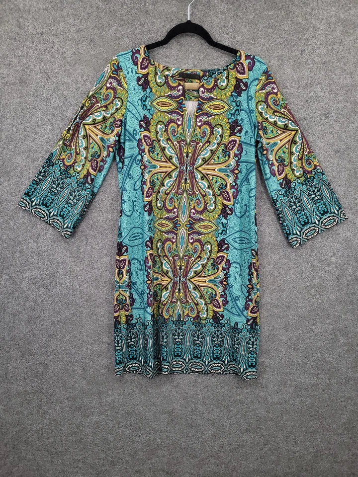 Velzera Shift Dress Womens Medium Long Flare Sleeve Midi Keyhole Green Paisley Foto 1 de 4